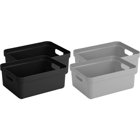 Set van 4x stuks opbergboxen/opbergmanden 24 liter kunststof zwart en grijs -