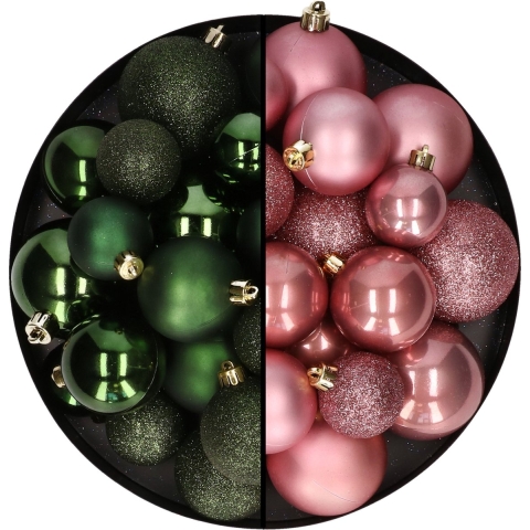Kerstballen 60x stuks - mix donkergroen/oudroze - 4-5-6 cm - kunststof -