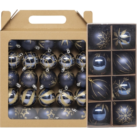 Kerstballen - 33x st - donkerblauw - met goud gedecoreerd - 6 en 8 cm - kunststof -