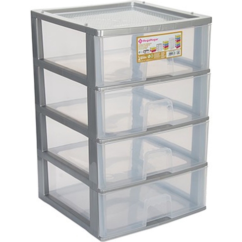 Ladeblokje/bureau organizer 4x grote lades - grijs/transparant - L38 x B38 x H58 cm - kunststof -