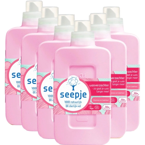 6x Seepje Wasverzachter Navulling Pioenroos en Cederhout 30 Wasbeurten 750 ml