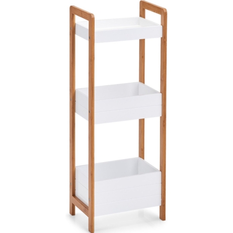 Bamboe houten bijzet badkamer kastje - wit/bruin - met 3 planken 28 x 74 cm -