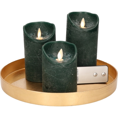 Ronde kaarsenplateau goud van kunststof D27 cm met 3 groene LED-kaarsen 10/12,5/15 cm -