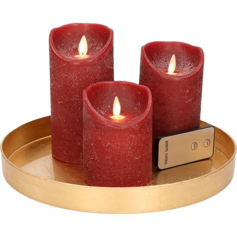 Ronde kaarsenplateau goud van kunststof D27 cm met 3 bordeaux rode LED-kaarsen 10/12,5/15 cm -