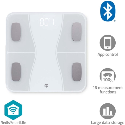 Nedis SmartLife Personenweegschaal | Bluetooth® | BMI / BMR / Botten / Gewicht / Spieren / Vet / Water | 12 | Piekbelasting: 180 kg | Android™ / IOS |