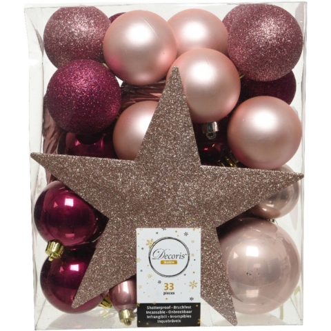 Decoris Onbreekbare Kerstballenset A 33 Stuks Met Piek In Assorti Kleuren Blush