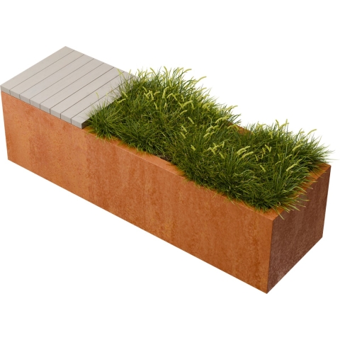 Florisa Rechthoekige cortenstaal plantenbak met Padouk zitbank L150 x B40 x H42 cm - Geroba