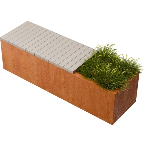 Florisa Rechthoekige cortenstaal plantenbak met Padouk zitbank L150 x B40 x H42 cm - Geroba
