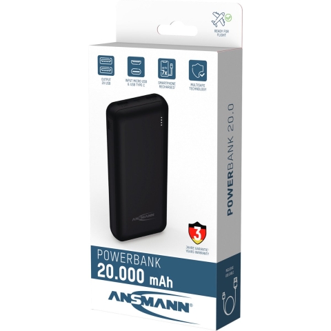 Ansmann 1700-0133 Powerbank 20000 mAh Smart IC LiPo Micro-USB, USB-C, USB Zwart Statusweergave