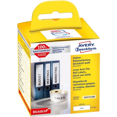 Avery-Zweckform Etiketten (rol) 190 x 54 mm Papier Wit 110 stuk(s) Permanent hechtend Ordneretiketten AS0722480