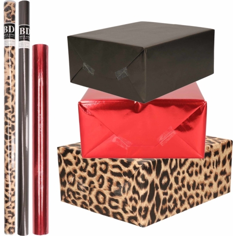 12x Rollen kraft inpakpapier pakket dierenprint/metallic rood en zwart 200 x 70/50 -