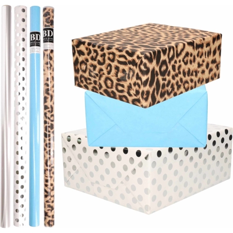 8x Rollen transparante folie/inpakpapier pakket - panterprint/blauw/wit met stippen 200 x 70 cm -