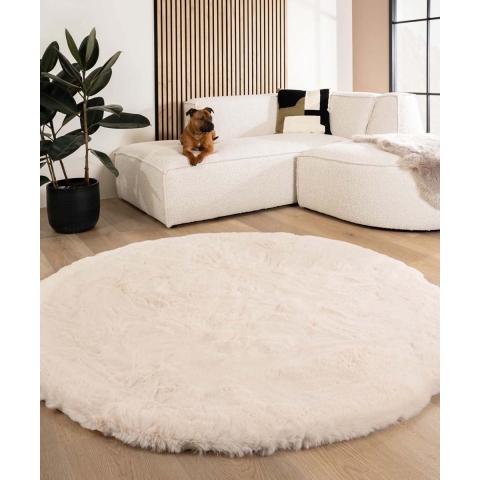 Tapeso Fluffy vloerkleed rond - Comfy Deluxe crème - 100 cm rond
