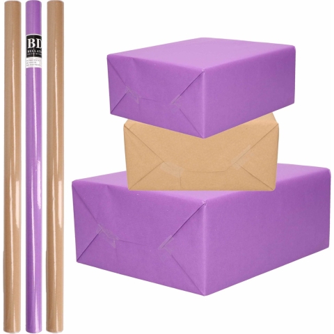8x Rollen kraft inpakpapier/kaftpapier pakket bruin/paars 200 x 70 cm -