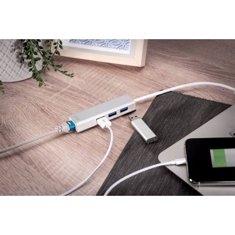 Digitus DA-70250-1 USB 3.0-hub 3 + 1 poorten Met ingebouwde netwerkaansluiting Zilver
