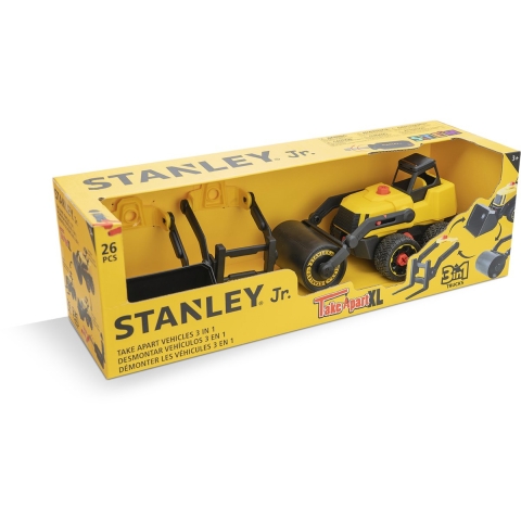 Stanley 3-in-1 Speelgoed Voertuig - 3 Opzetstukken - Vorklift - Wals - Wiellader - 26 Stukken - Incl. Schroevendraaier - Geel/Zwart