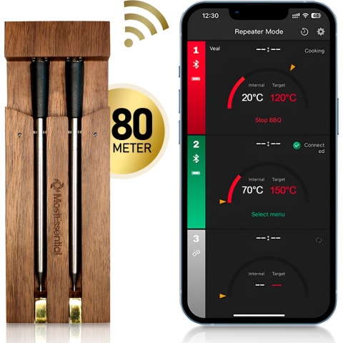 MostEssential Smart Vleesthermometer - Draadloos - 80M Bereik - 36 Uur Werktijd - Bluetooth 5.2 - 2000mAh Batterij - Double Probe Dark Brown Edition