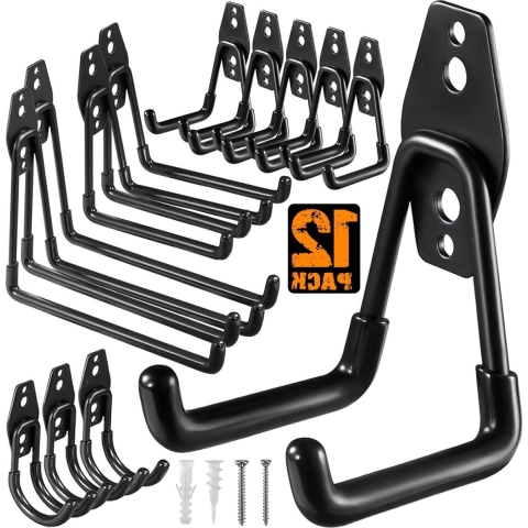 Heavy Duty Utility Steel Wall Mounted Garage Storage Hooks - 12 Pack, Organizer for Organizing Power Tools, Ladders, Bulk Items, Bikes