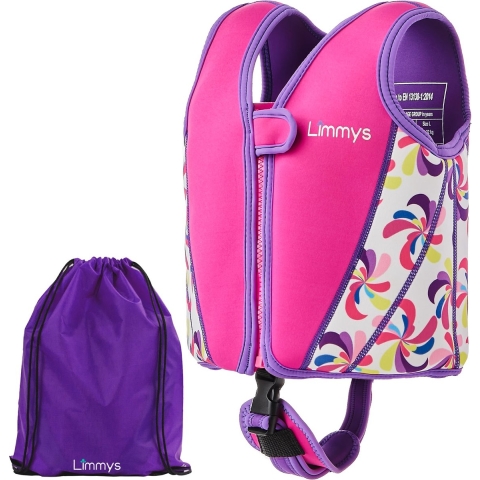 Limmys Zwemvest voor Kinderen - Drijfvest met Aanpasbare Drijfsterkte - Veilige&Comfortabele Reddingsvest - Roze Windmolen - L (5-9 Jaar)