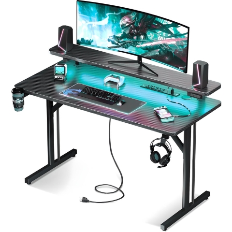 Five Stars® Game Bureau - 100x50x75 cm - Game Bureau met LED verlichting - Zwart Carbon - Gaming Desk - Computertafel - RGB LED Verlichting