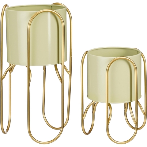 Mica Decorations Donau Bloempot op Standaard - Set van 2 - Metaal - H45 xØ23 cm - Lichtgroen, Goud