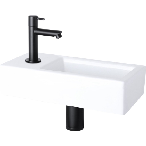 Differnz Helios Fonteinset - Kraan Links - Wasbak Keramiek Wit - Rechte Kraan - Mat Zwart - Standaard Greep - 37.5 x 18.5 x 9.5 cm