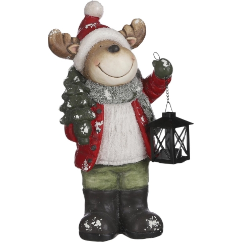House of Seasons Rendier met Lantaarn Kerstbeeld - L23 x B15,5 x H48 cm -Rood