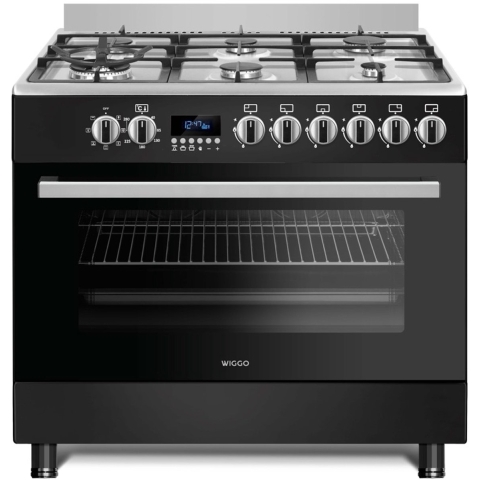 Wiggo WO-E969R(BX) - Serie 9 - 90 cm - Gasfornuis - 6 kookzones - Zwart Rvs
