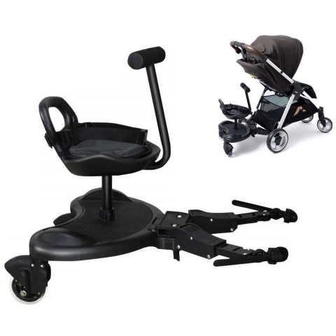 Abundancia® - Meerijdplankje Deluxe Kinderwagen/Buggy - Universeel - Met tassenhaakje - Incl. kinderzitje met handvat - Verstelbaar - Zwart