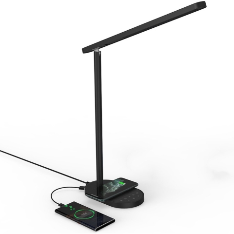 TIKKENS Bureaulamp led Dimbaar - Draadloze Oplader&USB Opladen - Wireless Charger - Zwart