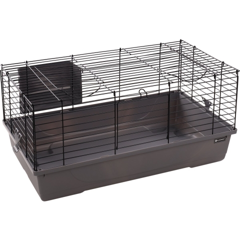Flamingo Kooi Mobi Grijs-Zwart– S | 75cm L x 47cm B x 40cm H, Geschikt voor Cavia's en Dwergkonijnen, Met Hooiruif, 2 Deuren en Stevige Constructie