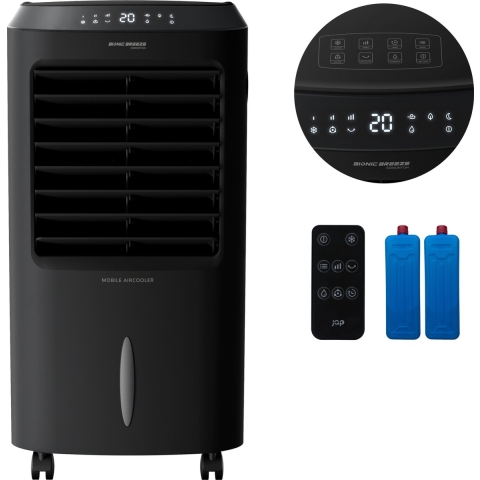 JAP Appliances Edmonton - 4 in 1 Aircooler, Ventilator, Ionisator en luchtbevochtiger - Met afstandsbediening en timer - Luchtkoeler Inclusief 2 koelelementen - Mat zwart
