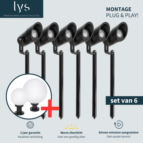 Lyslight Ilva Prikspot Set van 6 - Zwarte Tuinspots voor buiten - Binnen minuten aangesloten - Aluminium buitenverlichting - Milieuvriendelijk Alternatief voor Zonne-energie Tuinverlichting