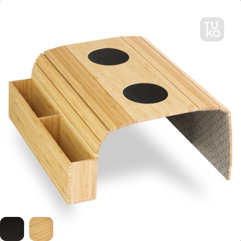 Tuko Armleuning Dienblad - Naturel - Duurzaam bamboe - Opbergvak - Flexibel - Anti slip - Beschermende coating - Organizer - Bank - Zetel - Sofa - Banktafel