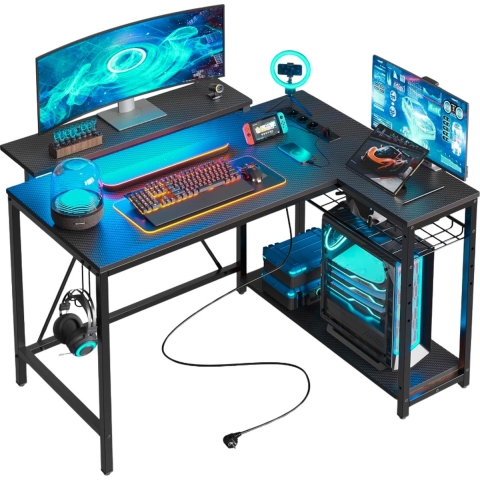 Five Stars® L-Vormig Game Bureau - 107x80x76 cm - Game Bureau met LED verlichting - Zwart Carbon - Hoekbureau - Gaming Desk - Computertafel
