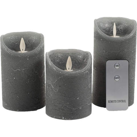 Annas  collection - 3Pcs Grey Rustic Wax Candle Moving Flame With Remote Co