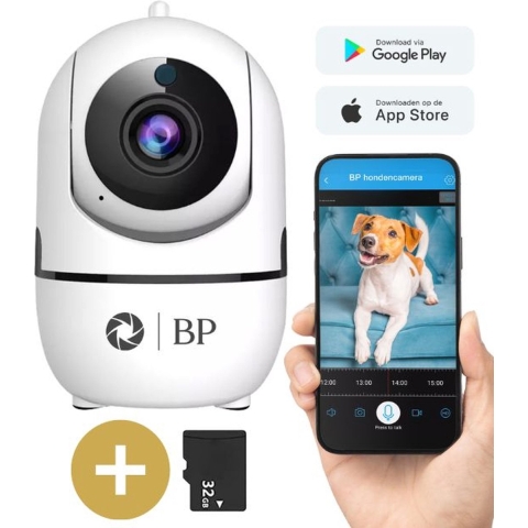 BP® Huisdiercamera - Hondencamera - Dog Camera - IP Beveiligingscamera - Indoor Camera - 2 Weg Audio- WiFi - 2.4 GHZ - Beweeg en Geluidsdetectie - Met 32GB SD kaart - ONVIF -Nederlandse Handleiding