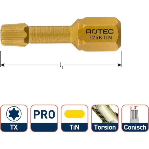 Rotec PRO Insertbit T 40 L=25mm C 6,3 Torsion Konisch TIN - 10 stuks - 8072040