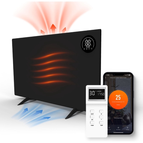 FlinQ Slimme Hybrid Verwarming - Infrarood&Convectorkachel - Elektrische Verwarmingspaneel - Moderne Kachel - Staand&Verplaatsbaar - Met Thermostaat - Zwart Paneel - 800W