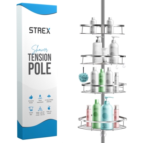 Strex Telescopisch Doucherek RVS - Verstelbaar 70-275 cm - 4 Mandjes - Robuuste Kwaliteit - Bevestigen zonder Boren of Schroeven - Telescopisch Douche Rek Hoek