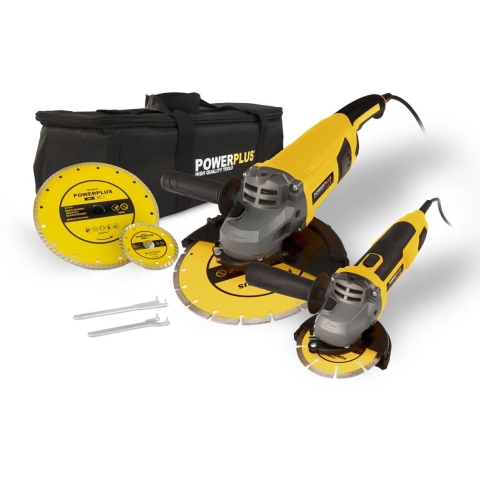 Powerplus POWX06250 Haakse slijper set - 2 stuks - 115mm - 230mm - 750w - 2000w - Inclusief slijpschijven en opbergtas