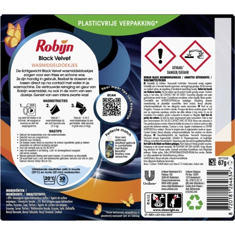 5x Robijn Wasmiddeldoekjes Black Velvet 16 stuks