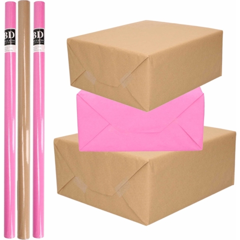 8x Rollen kraft inpakpapier/kaftpapier pakket bruin/roze 200 x 70 cm -
