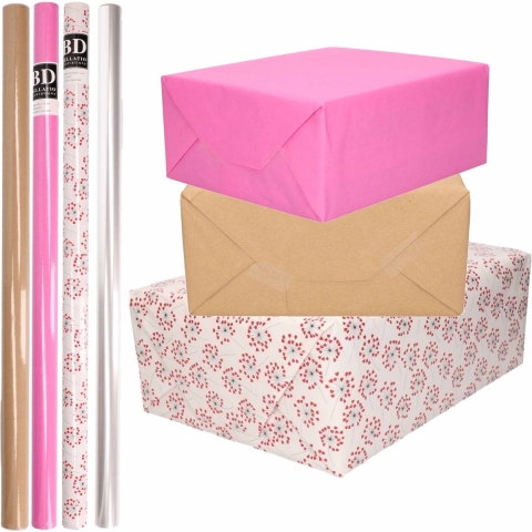 8x Rollen transparant folie/inpakpapier pakket - roze/bruin/wit met hartjes 200 x 70 cm -
