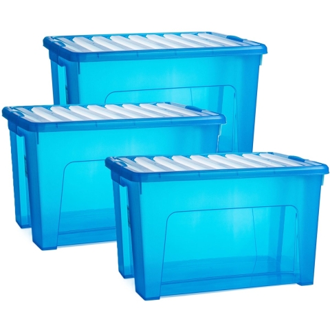 Opslagbox met deksel - 3x - transparant blauw - 47 liter - 54 x 38 x 32 cm - kunststof -