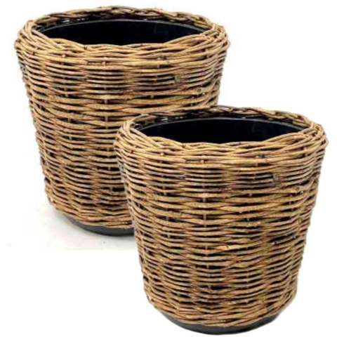 Planten/bloemen mand - 2x - rond - rotan - gevlochten riet - D32 x H29 cm - drypot -
