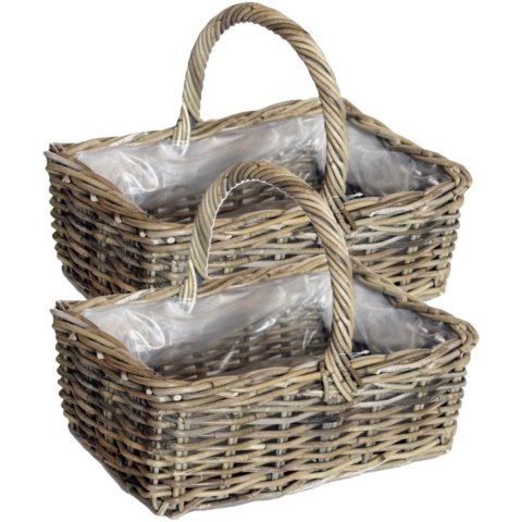 Mand met hengsel - 2x - bruin - 40 x 28 x 30 cm - rotan - gevlochten riet - hengselmand -