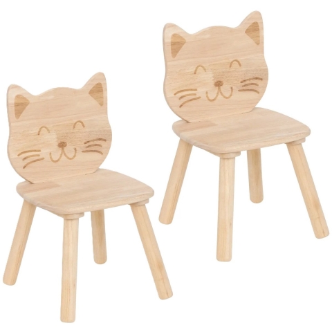 Kinder stoeltje Katje/poes - 2x - naturel - hout - D30 x H50 cm - bijzet stoeltjes -