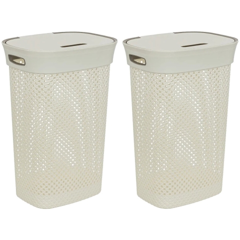 Wasmand met deksel Rotan - 2x - wit - gevlochten kunststof - 60 liter - 42 x 33 x 61 cm -