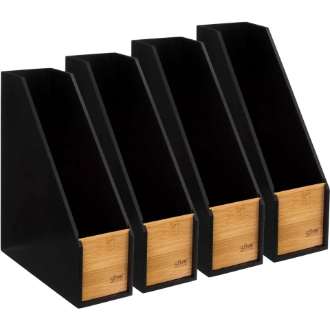 5Five lectuurbak/tijdschriften cassette - 4x - zwart/bruin - B9 x D25 x H30 cm - hout -